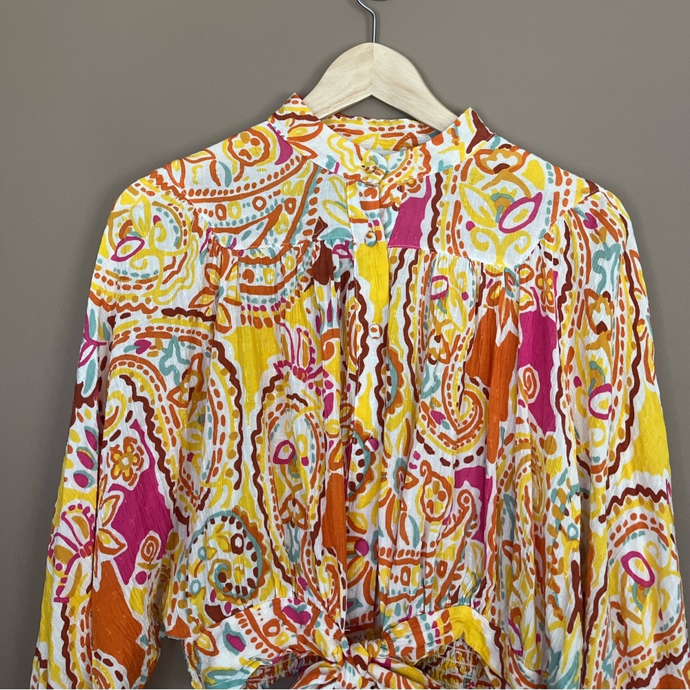 {Rachel Zoe} Long Dolman Sleeve Paisley Print Cropped Blouse - Womens Medium - Picture 2 of 9